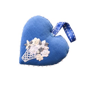 Lavender heart pomander with Flower Basket embroidery (white, grey on sapphire blue linen)