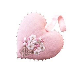 Lavender heart pomander with Flower Basket embroidery (pink, white on rose pink linen)