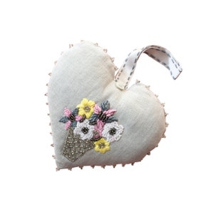 Lavender heart pomander with Flower Basket embroidery (pink, yellow, white, grey on grey linen)