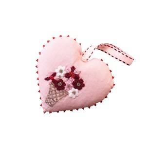 Lavender heart pomander with Flower Basket embroidery (pink, maroon on rose pink linen)