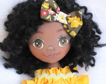 Dark skin doll, rag doll, cloth doll, black curly hair, birthday gift, girl gift
