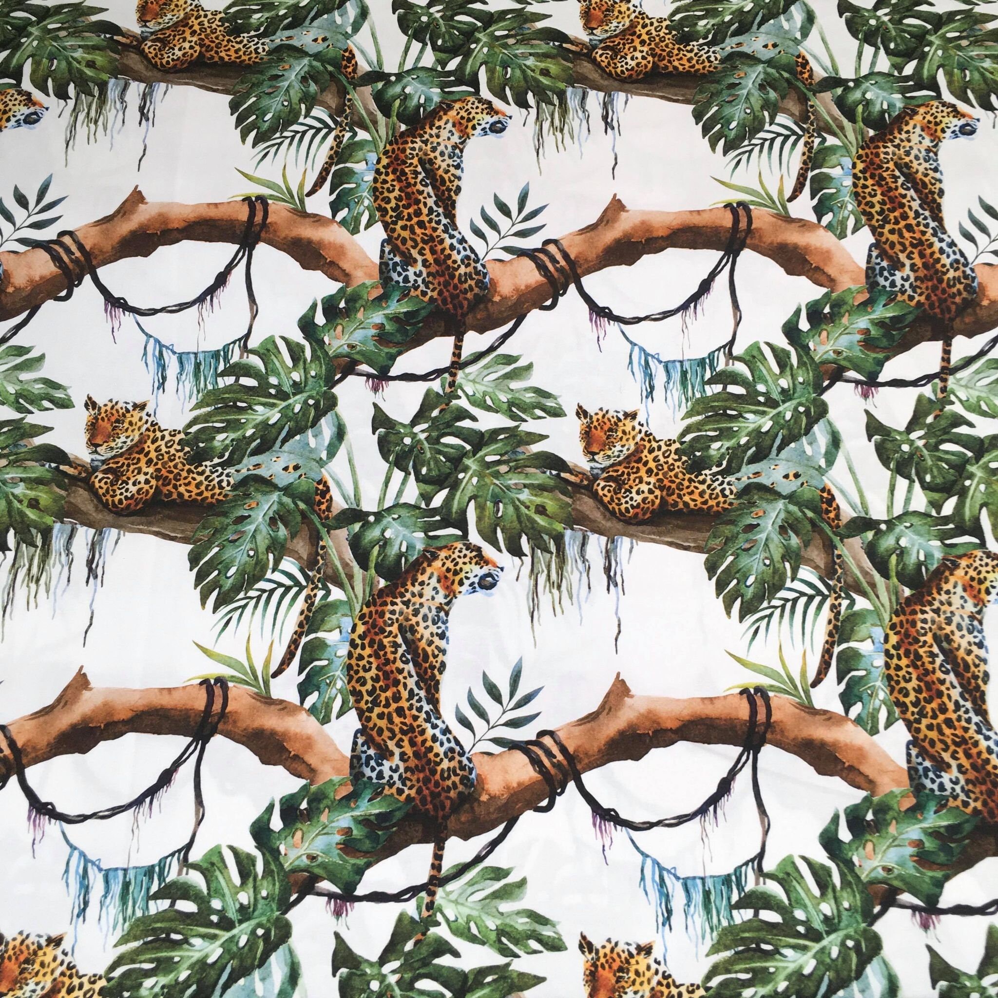 Jungle Leopard 100 Premium Cotton Fabric Palm Leaf Modern Etsy