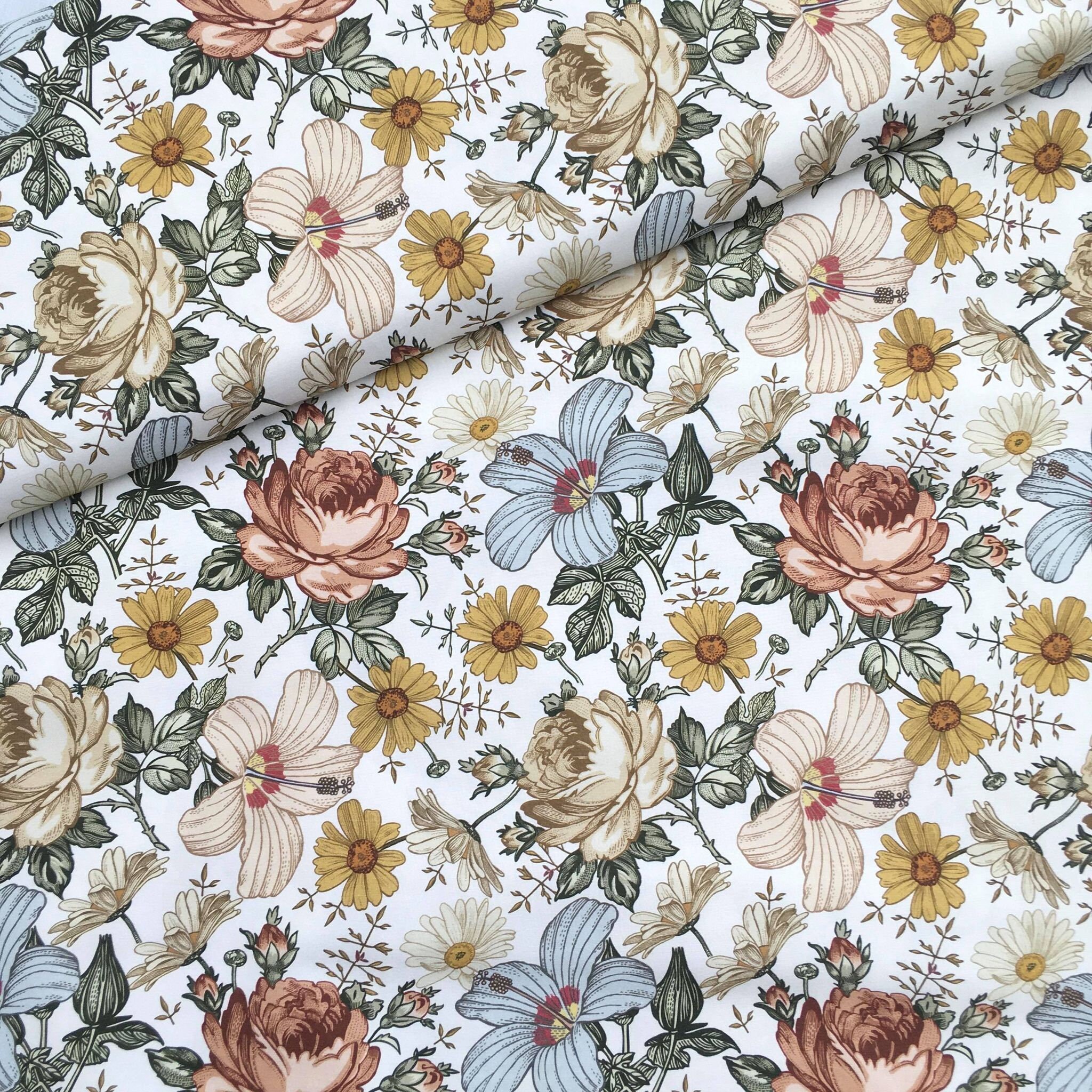 Vintage Floral 100% Premium Cotton Fabric Garden Flower Pastel Color …