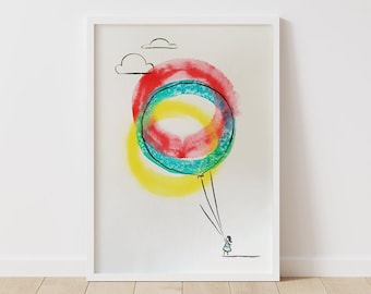 May include: A watercolor painting of a person holding a large, colorful balloon. The balloon is made up of concentric circles of red, yellow, and blue. The person is small and drawn in black ink.