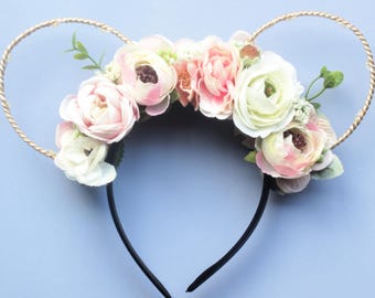 Pretty in Pink Floral Wire Mickey Ears, Flower and Garden Disney Headband with Light upgrade