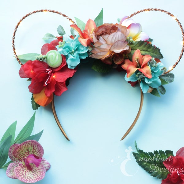 Moana Ears Headband, Floral Mickey Ears, Disney Princess Ears, Polynesian Ears, Tropical Mouse Ears, Flower Minnie Ears, Moana Inspired Ears