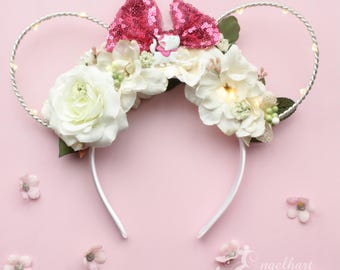 Floral Marie Cat Ears with Pink Sequin Bow: Aristocats Headband with Light-Up Option