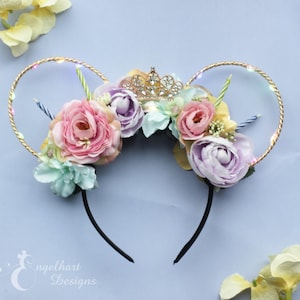 Birthday Princess Minnie Ears, Floral Birthday Mickey Ears, Birthday Girl Disney Ears, Pastel Birthday Ears Headband, Birthday Disney Trip