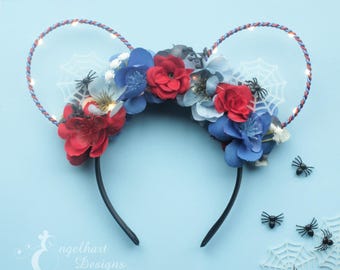 Floral Spiderman Wire Mickey Ears: Superhero Light Up Marvel Spider-Man Inspired Headband