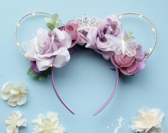 Orejas de Mickey con mariposas florales de lavanda: Diadema de corona de flores de princesa Disney con opción de luz.