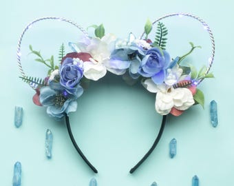 Princess Kida Floral Mickey Ears: Atlantis Inspired Disney Headband - Blue Lights, Quartz Crystals