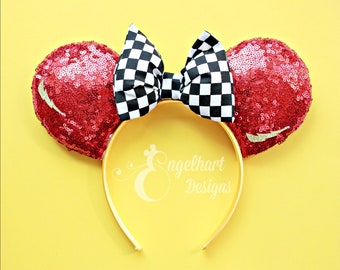 Lightning McQueen Red Sequin Minnie Ears, Cars Headband with Checkered Racing Bow