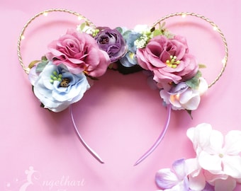 Floral Minnie Ears with Roses and Lights Pink Rose Flower Crown Mickey Ears, Light-up Floral Minnie  main image 3
