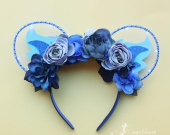 Hades Floral Mickey Ears: Disney Villain Hercules Inspired Headband, Light Up Option, Wire Minnie Ears, Blue Flames