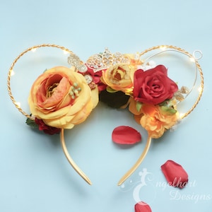 Orejas de Bella, Orejas de La Bella y la Bestia, Diadema de Bella de la Princesa Disney, Orejas Florales de Disney, Orejas de Mickey Mouse, Orejas de Minnie con Rosa Encantada