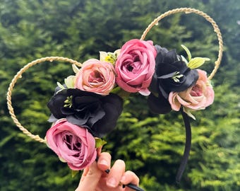 Dark Romance Floral Mickey Mouse Ears: Flower Crown Headband for Disney Festivals