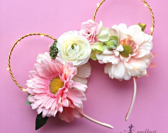 Floral Pink Mickey Ears, Spring Floral Minnie Ears, Flower and Garden Ears, Wire Mickey Ears, Disney Ears Headband, Pink Daisy Mouse Ears