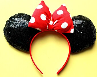 Classic Minnie Mouse Ears, Minnie Mouse Headband, Polka Dot Minnie Ears, Disney Ears, Tween Gift, Sequin Mickey Ears, Red Polka Dot Ears