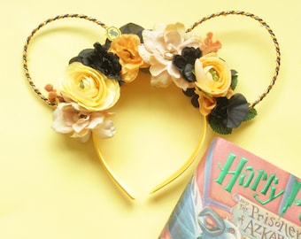 Hufflepuff Floral Minnie Mouse Ears: Universal Studios Hogwarts Disney Mickey Harry Potter Headband