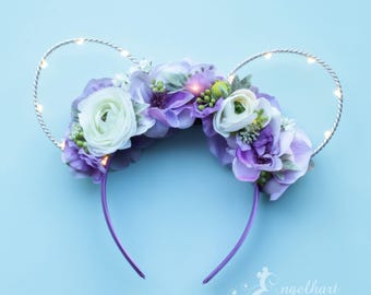 Lavender Floral Wire Mickey Ears: Light Up Pastel Flower Crown Headband