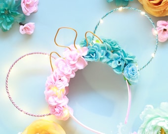 Make it roze en blauwe oren van Doornroosje, Aurora Floral Crown Minnie-hoofdband