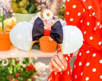 Vintage Minnie Mouse Ears, Classic Minnie Ears, Disneyland Headband, Blue Polka Dot Ears, Sequin Mouse Ears, Minnie Mouse Headband