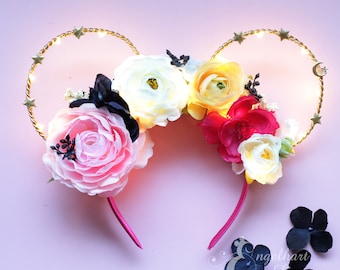 Stardust Floral Wire Minnie Mouse Ears with Light-Up Feature: Gold Stars & Pastel Floral Headband