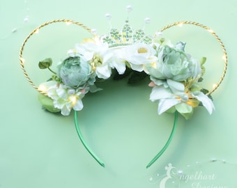 Tiana Floral Ears, Princess and the Frog Ears, Princess Tiana Mickey Ears, Disney Princess Ears Headband, Floral Minnie Mouse Ears