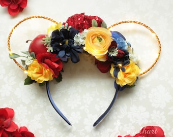 Floral Snow White Mickey Mouse Ears: Disney Princess Headband with Poison Apple
