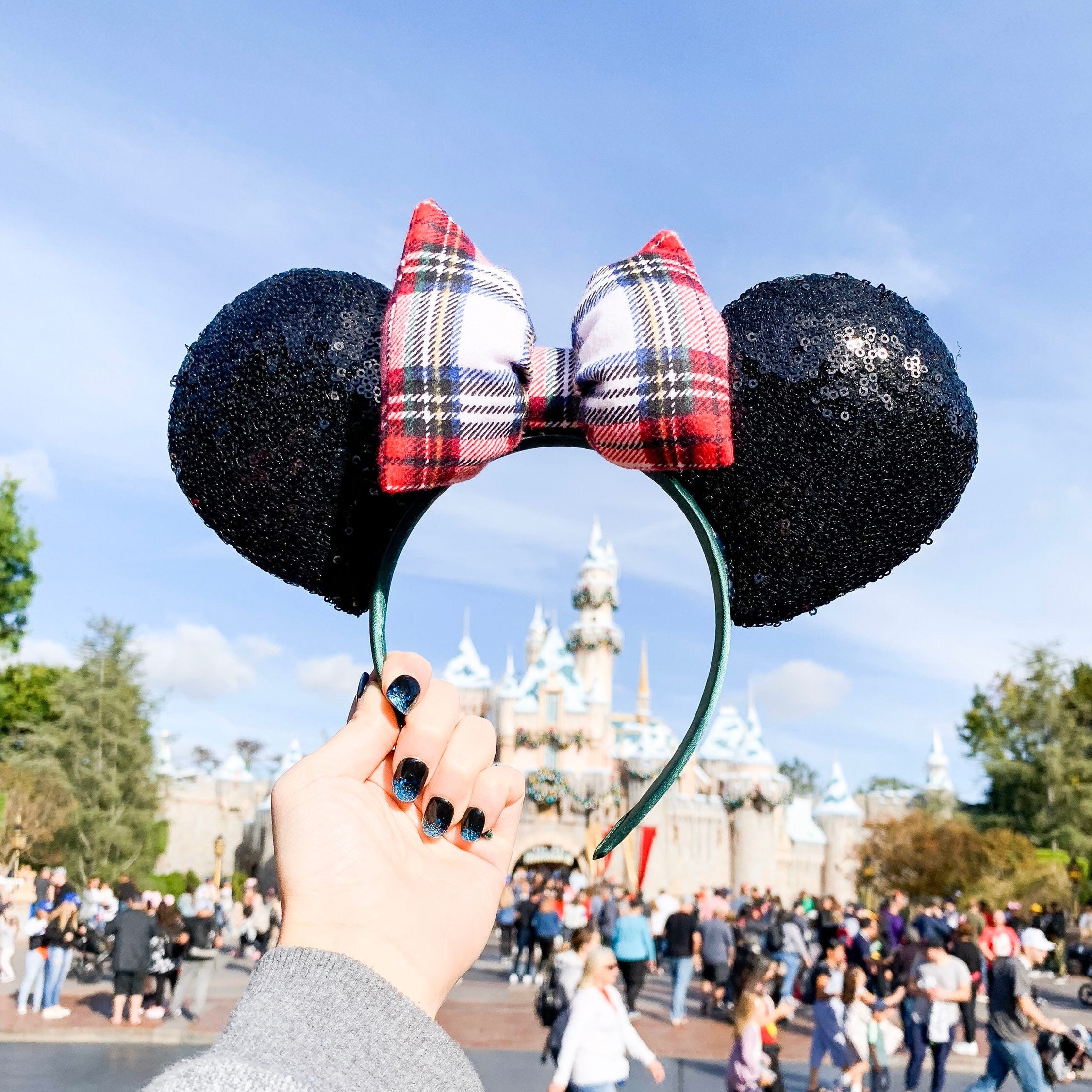 Disney Glitter Plaid Christmas Bow Black Velvet Mickey Minnie Mouse Ears Disney Parks 2018 Christmas Holiday Sequin Minnie Ears  main image 3