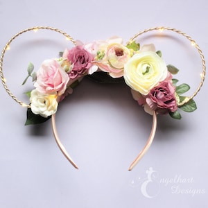 Romantic Floral Ears, Mickey Mouse Headband, Disney Gift for Her, Minnie Ears for Women, Pink Disney Parks Ears, Blush Floral Mickey Ears