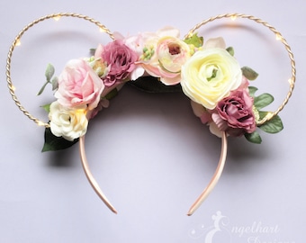 Blush Floral Mickey Ears, Romantic Disney Headband, Parks Fashion
