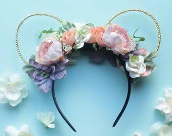 Warm Vintage Floral Mouse Ears: Flower Crown Headband with Light Up Option