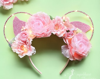 Floral Piglet Wire Mickey Ears, Pink Light Up Disney Winnie the Pooh Headband