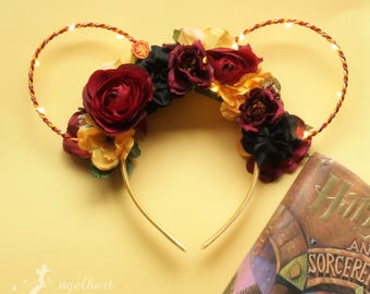 Harry Potter Gryffindor House Floral Mickey Ears, Universal Studios Hogwarts Light Up Headband