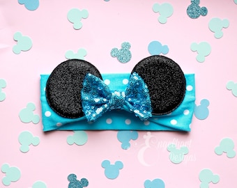 Blue Polka Dot Baby Minnie Mouse Ears Headwrap, Baby Minnie Ears, Blue Sequin Ears, Minnie Mouse Baby, Baby Mickey Ears, Toddler Mouse Ears
