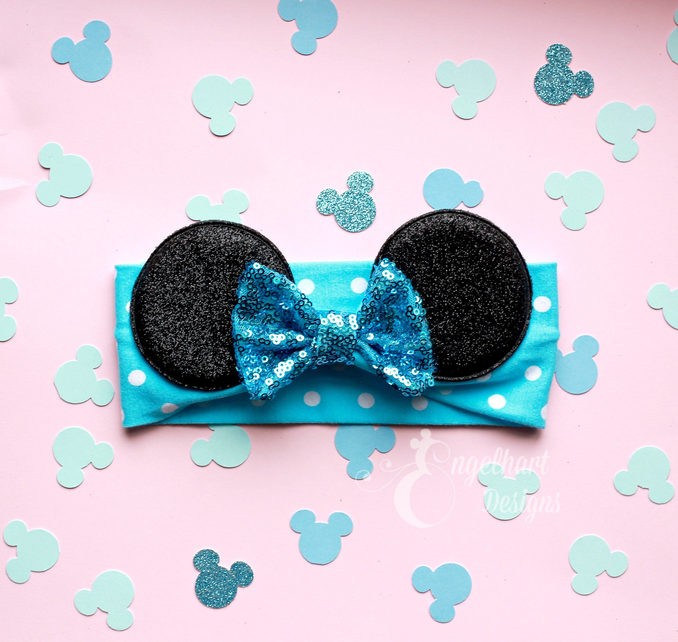 Blue Sequin Minnie Mouse Ears Headband, Polka Dot Baby 