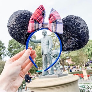 Christmas Plaid Sequin Minnie Mouse Ears, Holiday Sparkle Mickey Ears Headband, Disneyland Christmas Headband, Christmas Flannel Disney Ears