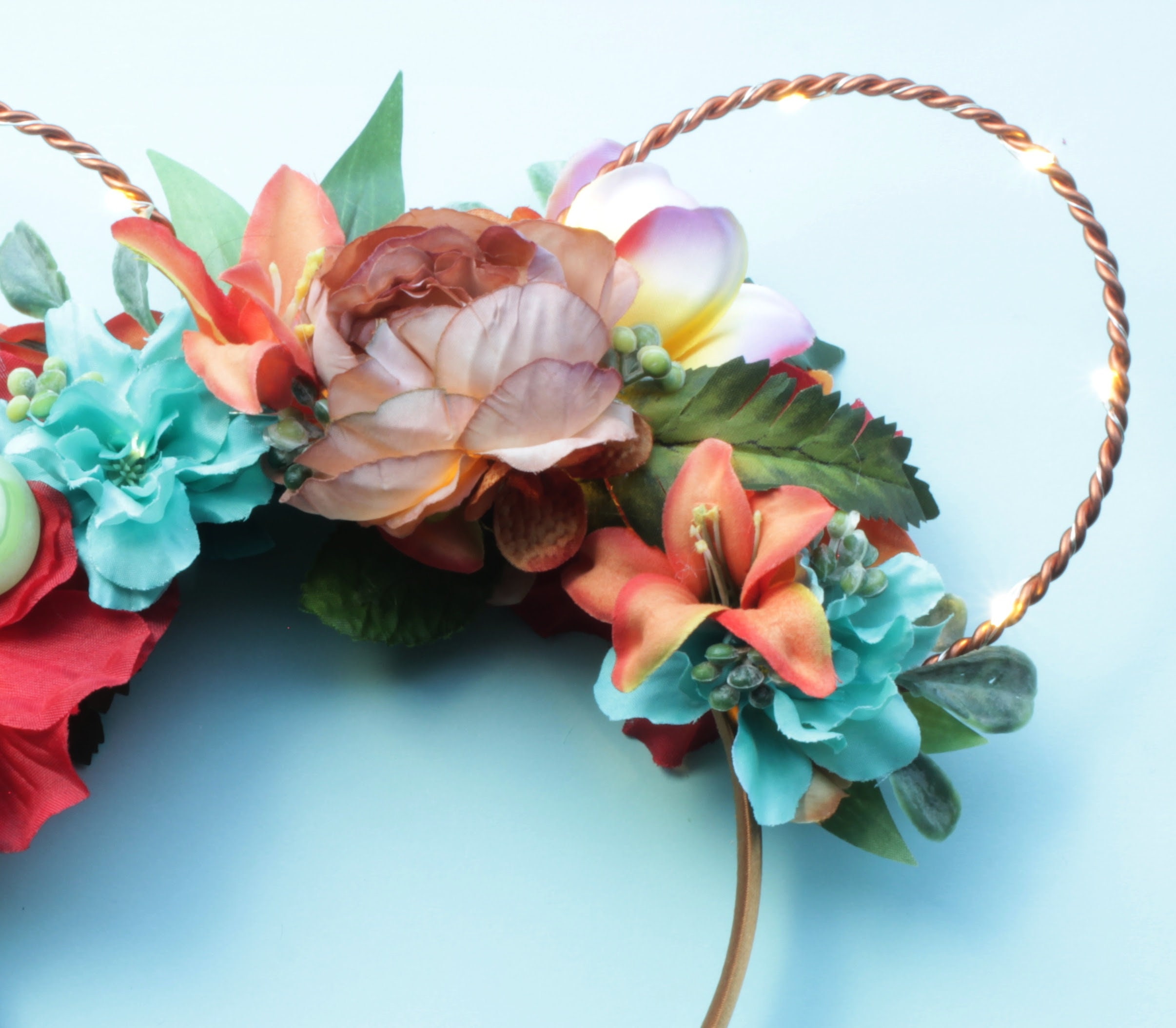 Disney Aqua Teal Mulan Mouse Ear Headband with Coral Flower Floral Moana Ears Headband, Tropical Disney Princess Mouse  main image 4