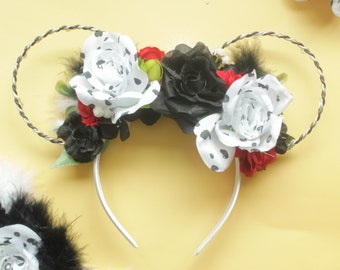 Cruella de Vil Inspired Floral Mickey Ears: 101 Dalmatians Disney Headband with Light-Up Option