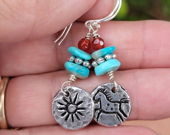 Silver Sun & Pony Turquoise Earrings - Petroglyph Pony - Natural turquoise - Carnelian - Boho Cowgirl - Western - Silver Pony. Horse lovers