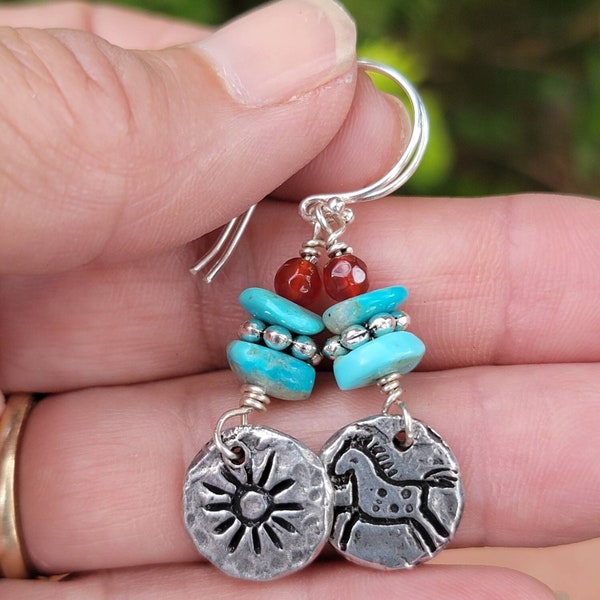 Silver Sun & Pony Turquoise Earrings - Petroglyph Pony - Natural turquoise - Carnelian - Boho Cowgirl - Western - Silver Pony. Horse lovers