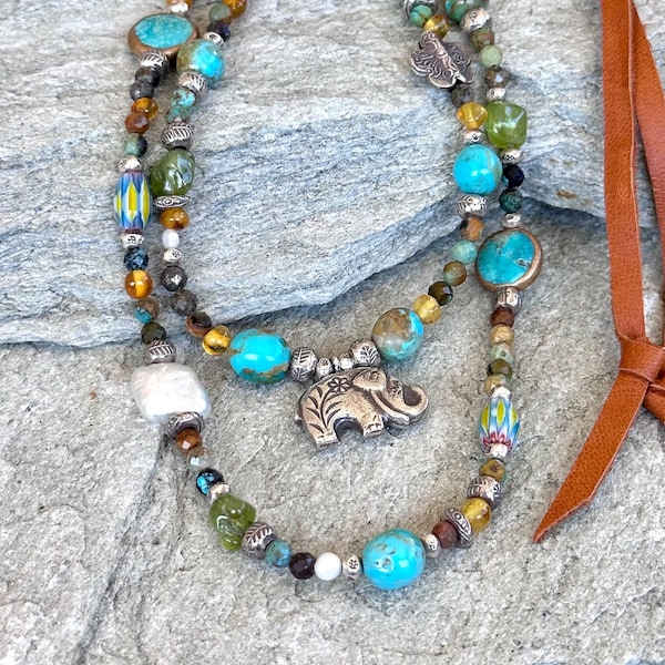 Sundance style Turquoise layered necklace-Thai Silver Elephant - Two tiers of gemstones - Turquoise, Pearls and Peridot & more with leather