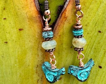Verdigris and Copper bird earrings. Little bird earrings. Bohemian jewelry. Handcrafted.