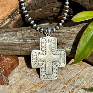 Sterling Navajo Pearl necklace &  Southwest imprinted square Cross pendant - Western Jewelry - Layering necklace- Christian Cross necklace.