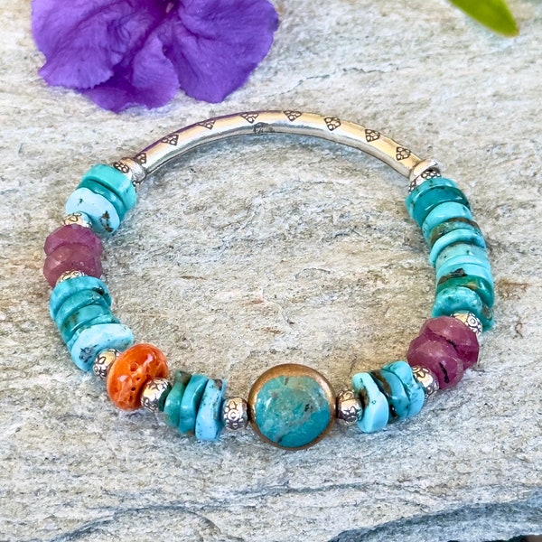 Sundance style Genuine Ruby, Turquoise & Thai fine Silver stretch bracelet. Mixed gemstone bracelet. Unique, handcrafted