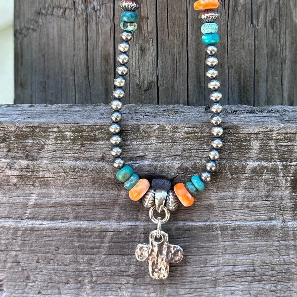 Gorgeous Navajo Pearls, Turquoise and Spiny Oyster necklace with Sterling Silver Cross.  Real Navajo Sterling Pearls.  Southwestern, Boho