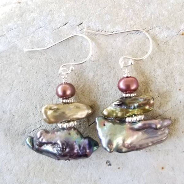 3 Stacked Biwa Pearl Earrings. Blues, greens and bronze strung on sterling ear wire