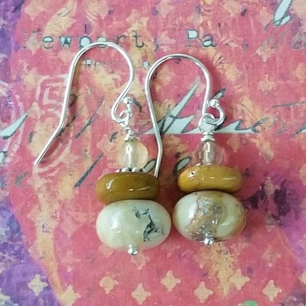 Jasper stacked Boho earrings. Mookaite Jasper in muted reds of the desert and swirled caramel.