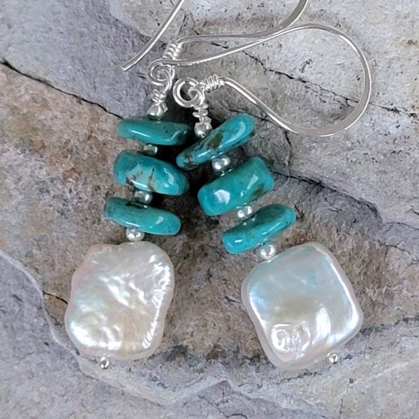 Turquoise, Sterling & White  Coin Pearl, Stacked Totem Earrings. Natural  Blue Turquoise discs. Southwestern - Sundance style. Boho.